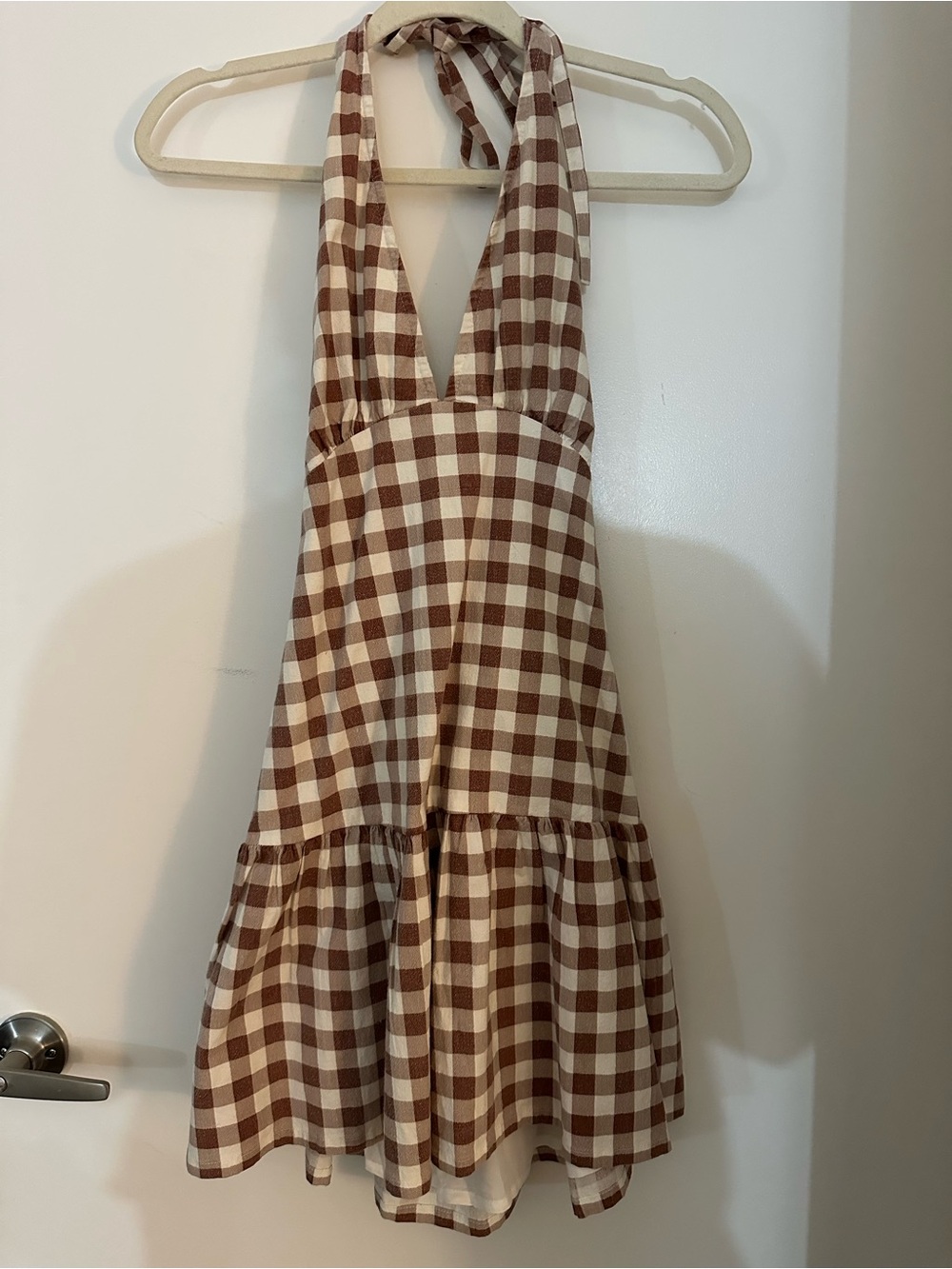 Free People Brown and Cream Gingham Backless Halter Dress